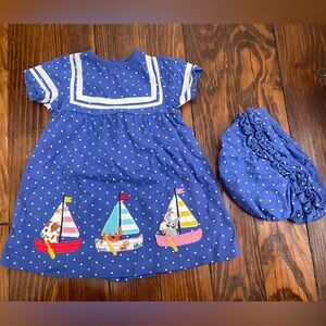 Boden Blue Baby Sailor Dress with Polka Dots Set 3-6 months